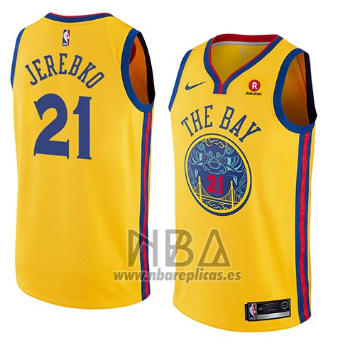 Camiseta Golden State Warriors Jonas Jerebko NO 21 Ciudad 2018-19 Amarillo